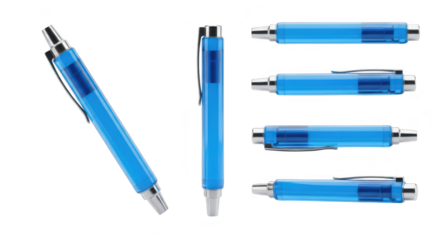 Blue ballpoint pen array showcasing angles against a white backdrop illustrating office supplies writing tools and design possibilities