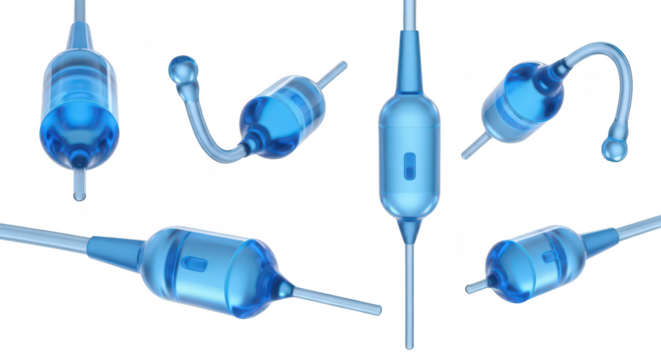 Blue fluid-filled medical micro-catheters arrayed showing curvature & details against white background used for minimally invasive procedures