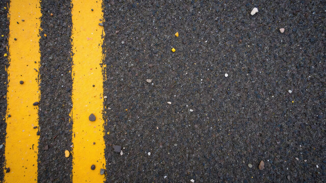 Close up view of textured asphalt road featuring two parallel yellow lines, surrounded by small stones and debris, creating striking visual