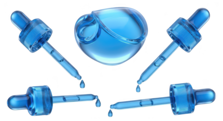 Droppers releasing liquid in a studio setting against white promoting cosmetic treatments and skincare products