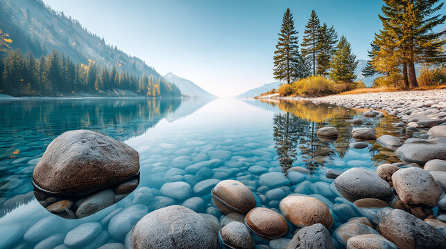 A tranquil mountain lake with crystal clear turquoise water and a rocky shore lined with evergreen trees. The peaceful reflection of the forest and distant misty mountains creates a serene atmosphere - Powered by Adobe