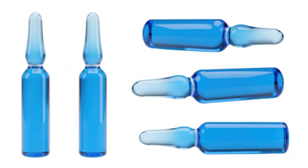 Several blue ampules on a white backdrop showing potential medical or cosmetic solutions