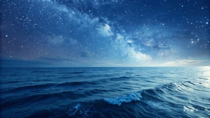 Serene Night Sky Over Calm Ocean Waves Under Starry Milky Way