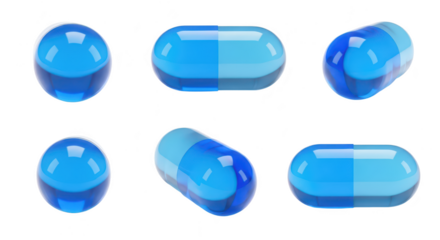 Translucent blue capsules displayed on a white background for medical or pharmaceutical advertising showcasing different angles