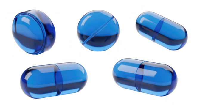 Five transparent blue pills isolated on a white backdrop suggesting medical treatments or pharmaceutical applications