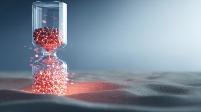 Translucent hourglass with memories as sand, some grains glowing red to signify cognitive health concerns.