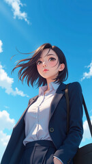 Confident young woman stands against bright blue sky, wearing stylish business suit. Her hair flows gently wind, reflecting determination