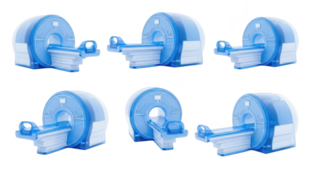 Blue MRI machine models in various perspectives diagnostic imaging in healthcare industry isolated on white backdrop for medical content