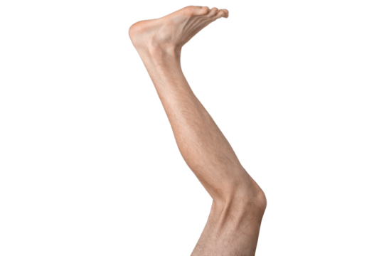 Man's leg isolated on white background, upright.