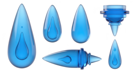Translucent blue water droplets in various shapes are isolated on a white background perfect for illustrating hydration science or abstract concepts