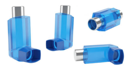 Blue inhalers showing different angles on a white surface medical devices for respiratory treatment useful for health publications
