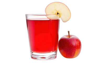 Refreshing red apple juice in a clear glass with a fresh apple slice and whole apple isolated on transparent background