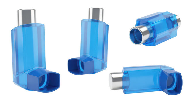 Blue inhalers showing different angles on a white surface medical devices for respiratory treatment useful for health publications