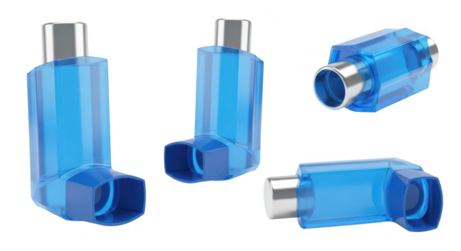 Blue inhalers showing different angles on a white surface medical devices for respiratory treatment useful for health publications