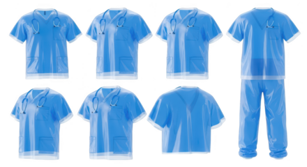 Sets of light blue medical scrubs with stethoscopes various angles isolated on a clean white background Useful for health medicine or hospital imagery