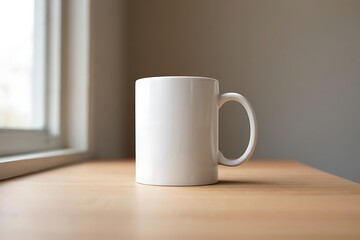 Fototapeta premium White Mug Mockup on Wooden Table with Window Background