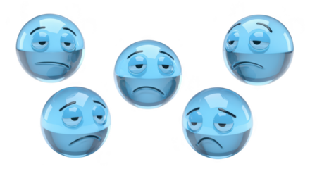 Five blue watery sad emoji-like spheres against white background Represents sadness depression or low energy; used in health mental emotional and feeling content
