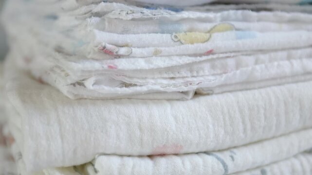 baby cloths and towels neatly stacked, stack of baby towels, cloths in soft pastel colors, comforting fabric for infant care, family-related content, symbolizing hygiene, hospitals or nurseries use