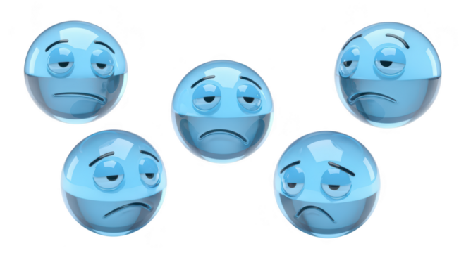 Five blue watery sad emoji-like spheres against white background Represents sadness depression or low energy; used in health mental emotional and feeling content