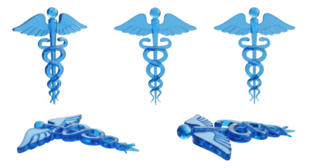 Rendered blue glass Caduceus symbols arranged various angles on white illustrating medicine or healthcare concepts