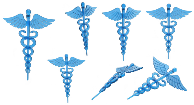 Blue medical symbols scattered on a white background representing health and healthcare used for medical illustrations