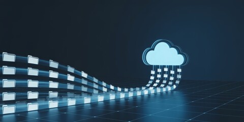 Data migration and file transfer to a cloud computing network, symbolizing concepts of cloud storage, online backup, and information archiving