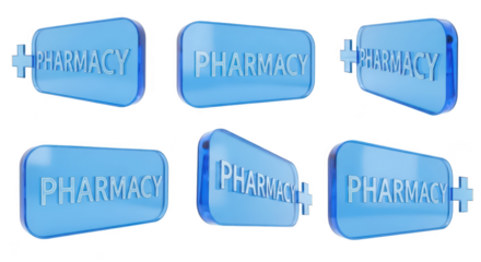 Multiple views of 3D pharmacy sign transparent blue with a cross symbol against a white background for medical or pharmaceutical websites and advertisements