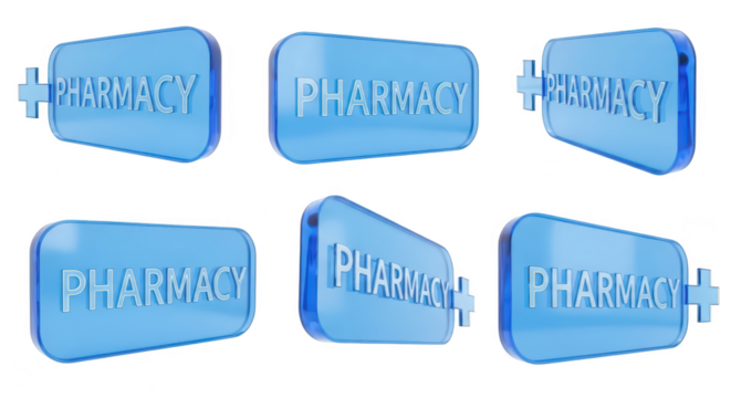 Multiple views of 3D pharmacy sign transparent blue with a cross symbol against a white background for medical or pharmaceutical websites and advertisements
