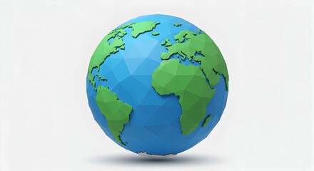 Low Poly Earth Globe with Green Continents and Blue Oceans on Light Grey Background.