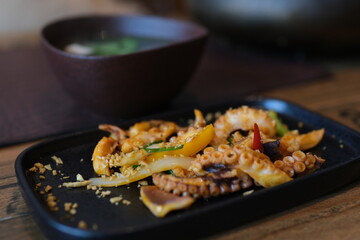 shrimp with ice, rotation in circle. fish background. cooked seafood. High quality 4k footage