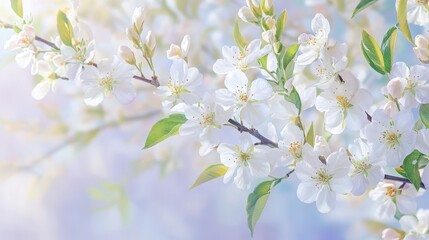 Obraz premium Blossoming in Soft Hues: A close-up capture of delicate white blossoms against a backdrop of pastel shades, evokes feelings of serenity and springtime's embrace.