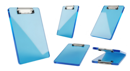 3D rendered transparent blue clipboards in various angles isolated on white background for business or presentations