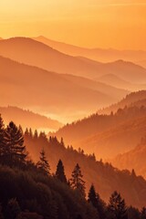 Serene Sunset Over Layered Mountains with Forest and Misty Atmosphere