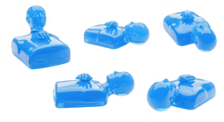 Blue training mannequins in various positions used for CPR are set against a white background
