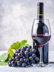 Obraz premium Wine & Grape: An inviting still life presents a wine bottle and a glass of red wine next to a cluster of grapes, evoking the art of winemaking and enjoyment.