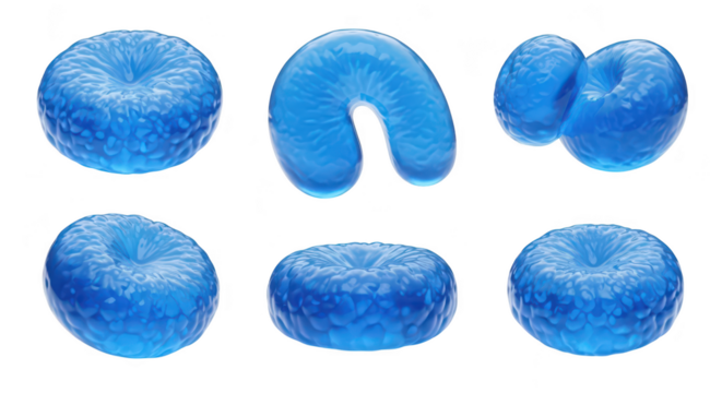 Translucent blue jelly shapes arranged on white highlighting abstract forms for artistic designs