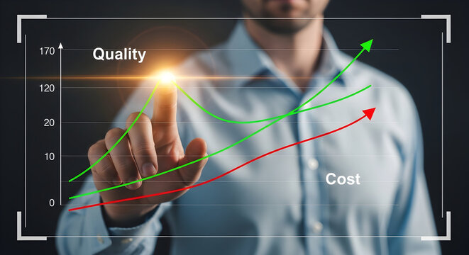 Business professional analyzing growth charts and increasing quality while decreasing cost in a presentation