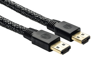 High quality braided displayport cable with gold plated connectors isolated on transparent background
