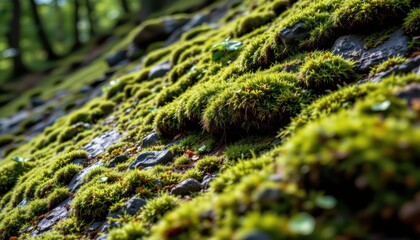 rich detail of moss layers forming lush green patches on rocky hillside in a shaded forest scene ideal for eco tourism promotion