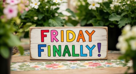Colorful friday sign surrounded by flowerpots celebrating the weekend