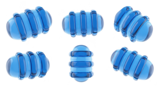 3D render of translucent blue pill capsule shapes arranged in various angles against a white background suitable for medical pharmaceutical visuals