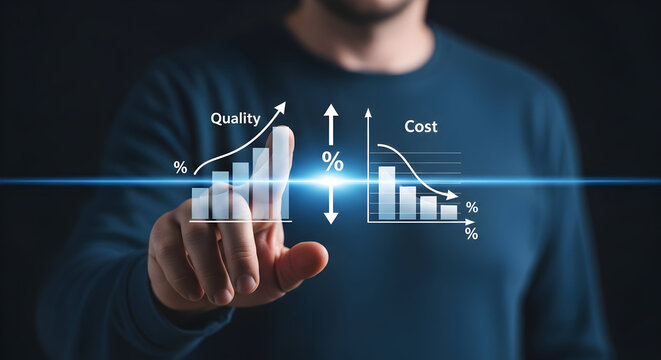 Business professional pointing at quality and cost charts, increasing value with modern data