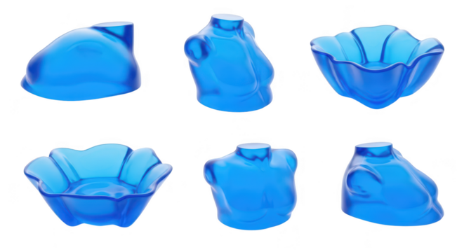 Translucent blue torso and bowl shapes arranged on white creating abstract decorative elements with versatile uses