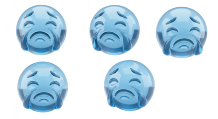 5 transparent emoji faces crying tears isolated on a white background suitable for representing sadness grief or emotional expression