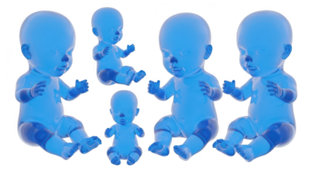 Transparent blue baby figures in different poses against a white background used for medical or scientific illustrations and graphics