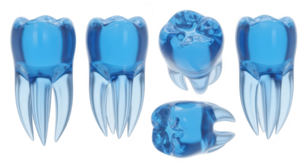 Transparent teeth models displayed against a white backdrop for dental education or research