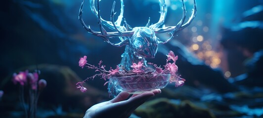 A Pegasus , a small creature made of glass that is sitting in the palm of your hand art, generative ai