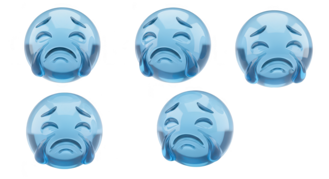 5 transparent emoji faces crying tears isolated on a white background suitable for representing sadness grief or emotional expression