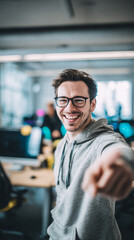 Fototapeta premium Confident professional in office: A smiling individual with glasses and a hoodie pointing at the viewer, standing confidently in a modern office environment, with a positive and inviting gesture.