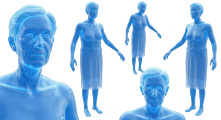 3D renderings of elderly figures showing anatomy in different poses against a clean white background for medical or scientific illustration